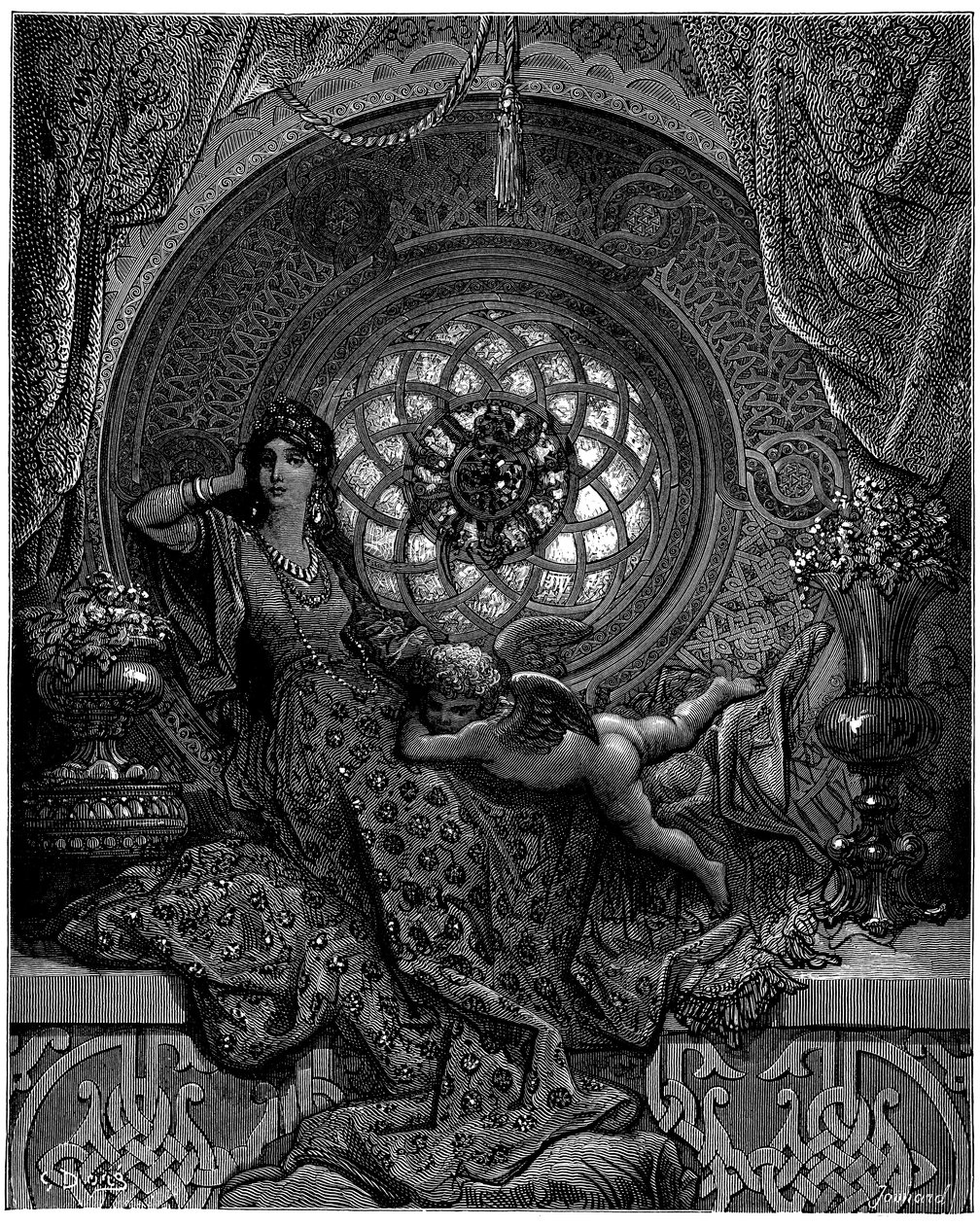 Piękno Alciny przezwycięża wszystkie obawy Ruggiero autorstwa Gustave Dore