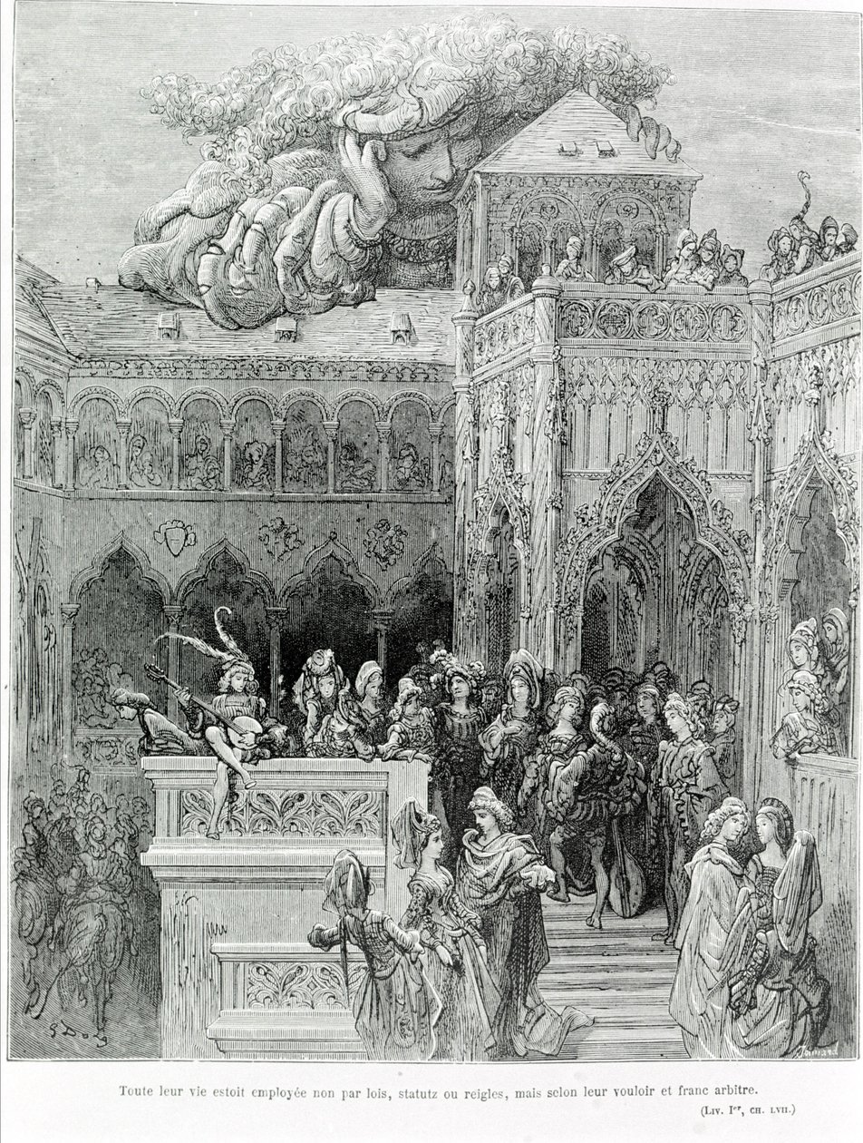 Całe ich życie było zajęte nie przez prawa, statuty czy zasady, ale zgodnie z ich wolą i szczerą wolą, za Gargantua (1534) François Rabelais (1483 - 1553). Grawerowane przez Gustave Dore (1832-1883). autorstwa Gustave Dore