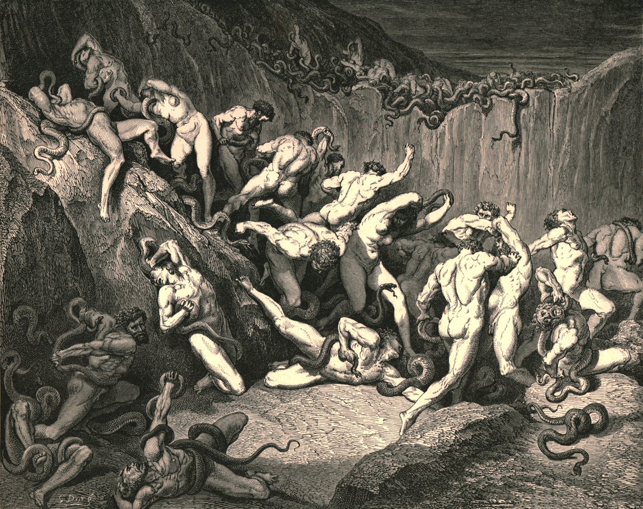Pośród tego przerażającego wylewu nieszczęścia biegły nagie duchy uskrzydlone straszliwym strachem, około 1890 roku. autorstwa Gustave Dore