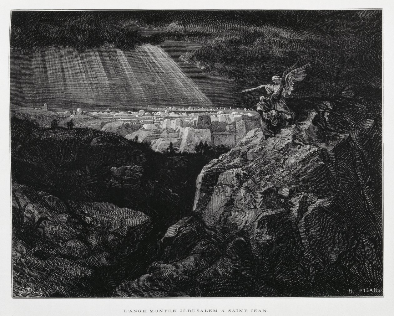 Anioł ze św. Janem Chrzcicielem przed Jerozolimą, ilustracja z Biblii Dore
