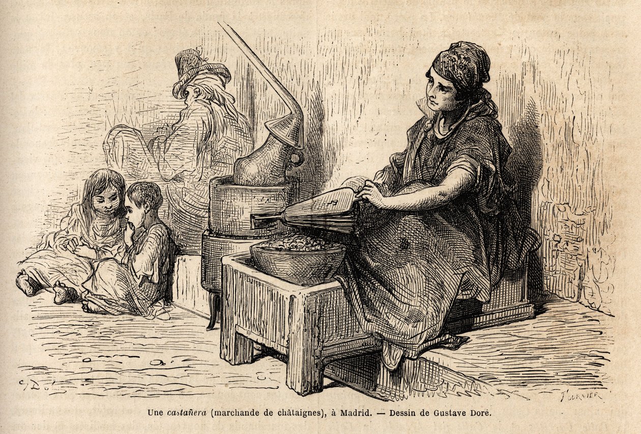 Sprzedawczyni kasztanów na świeżym powietrzu, ze swoim przenośnym piekarnikiem, szkicuje na obrazie na puerta del sol w Madrycie. Grawer Gustave Dore (1832-1883) ilustrujący jego podróż do Hiszpanii z Ch. Davillier (redaktor), w 1862 r., opublikowany w „”L autorstwa Gustave Dore
