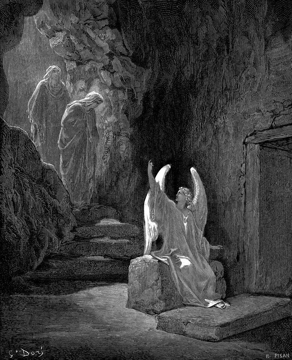 Anioł ukazujący Marii Magdalenie i innej pustej grobie Marii Chrystusa, 1865-1866 autorstwa Gustave Dore