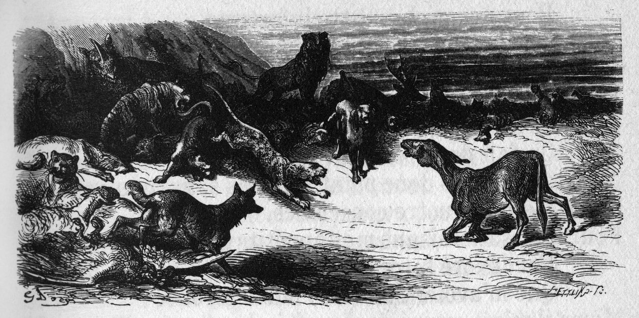 Zwierzęta chore na zarazę. Bajki Jean de La Fontaine (1621-95). Ilustracja autorstwa Gustave
