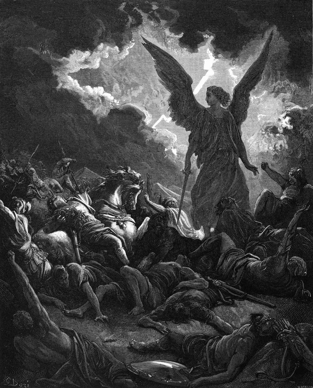 Archanioł Gabriel, instrument Boga, uderzający w obóz Sennacheryba i Asyryjczyków, 1865-1866 autorstwa Gustave Dore