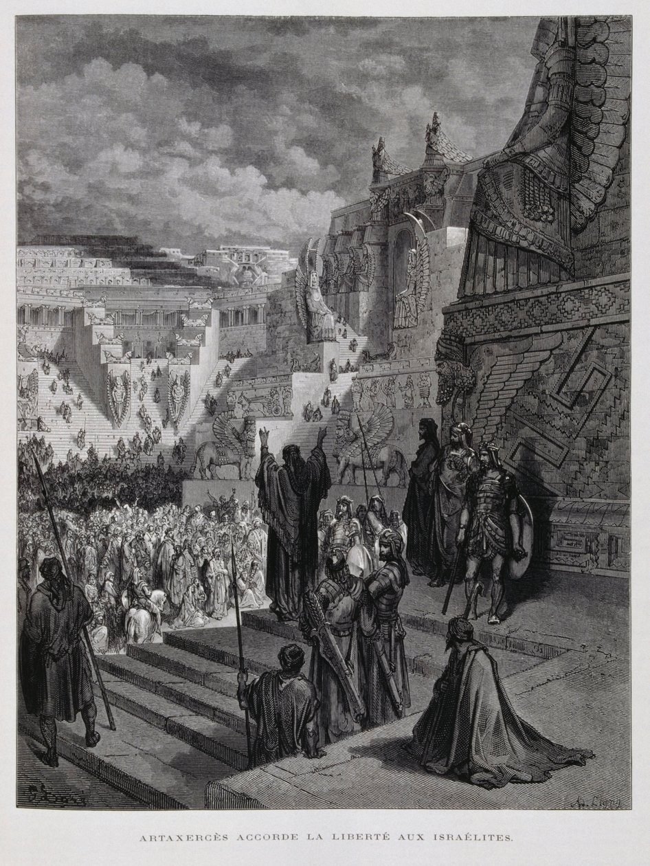 Artakserkses przyznaje wolność Żydom w Persji, ilustracja z Biblii Dore