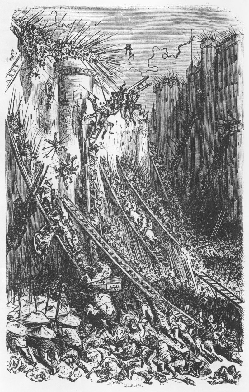 Atak na zamek lub ufortyfikowane miasto, ilustracja z „Les Contes Drolatiques” Honore de Balzac (1799-1850) autorstwa Gustave Dore