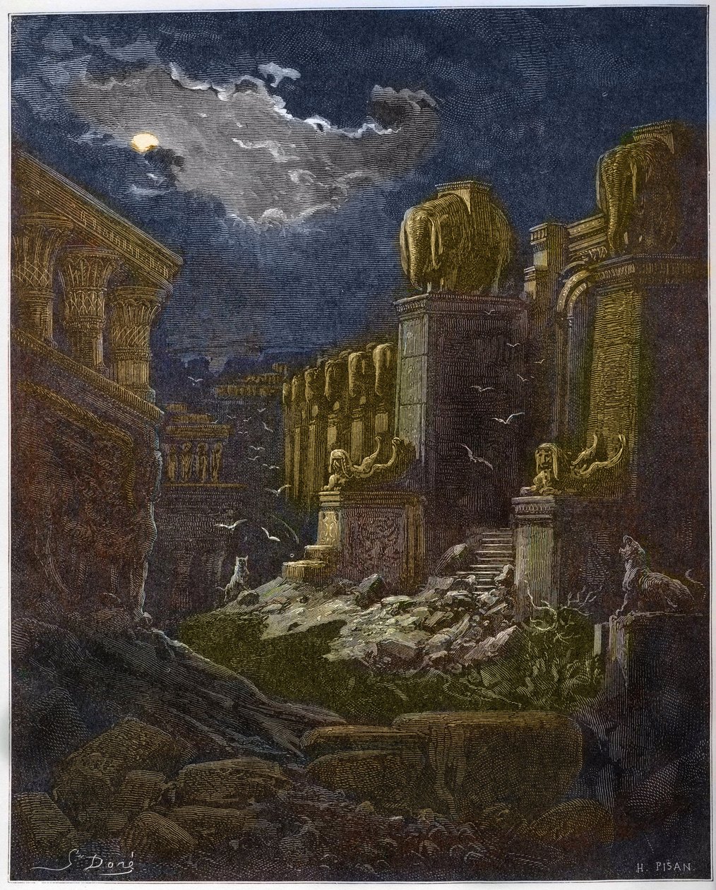 Ruiny Babilonu - Upadek Babilonu - Babilon w ruinie (wizja św. Jana) - Grawerowanie w „The Bible illustree” Gustave