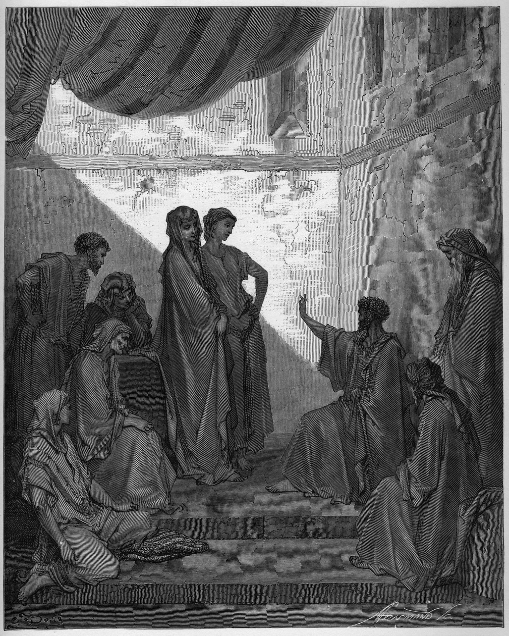 Chrzest Korneliusza setnika - Korneliusz setnik przyjmuje wiarę Jezusa Chrystusa i zostaje ochrzczony przez św. Piotra. - Grawerowanie w „The Bible illustree” Gustave
