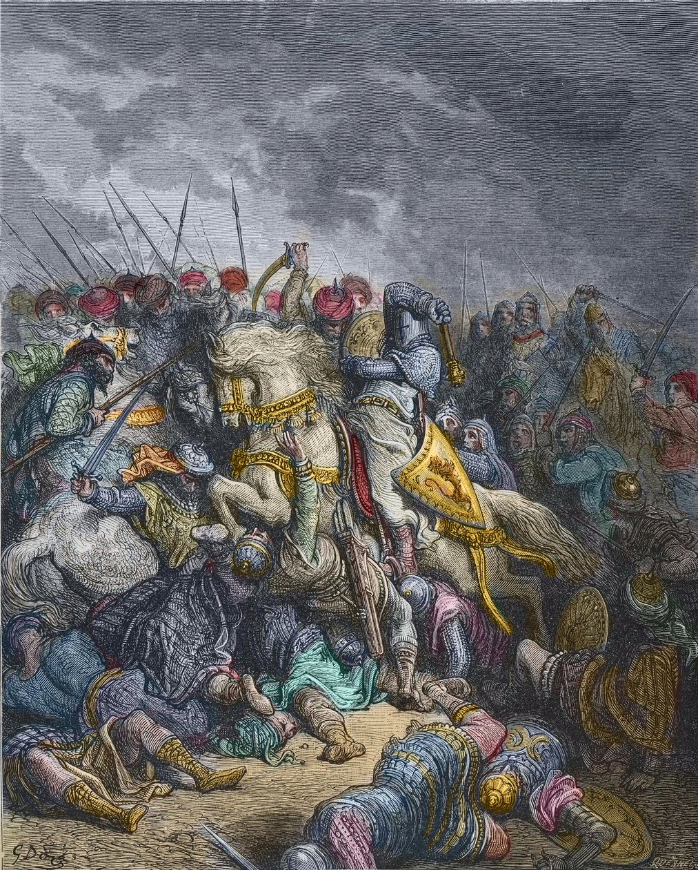 Bitwa pod Arsur - Ryszard I Lwie Serce (1157-1199), król Anglii biorący udział w III krucjacie - Ryszard Lwie Serce w bitwie pod Arsuf (1191), III krucjata, rycina Gustave Dore - z Historii wypraw krzyżowych Józefa - Francois Michaud autorstwa Gustave Dore