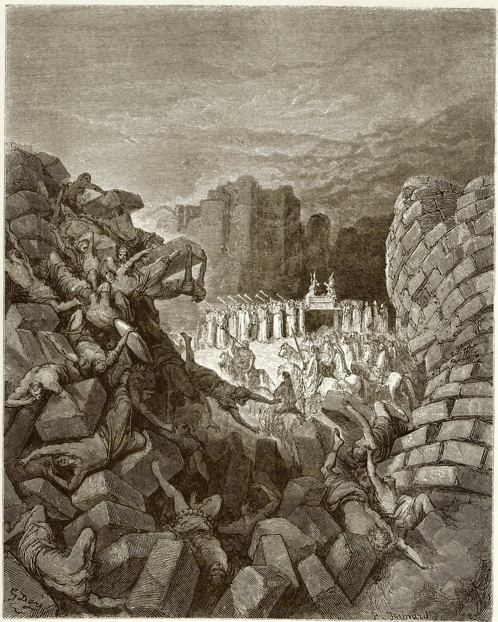 Biblia: Upadek murów Jerycha. Rycina autorstwa Gustave