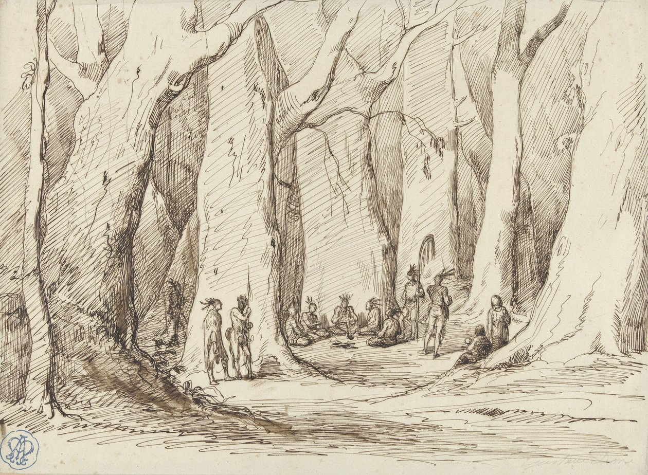 Gromadzenie rdzennych Amerykanów w lesie autorstwa Gustave Dore