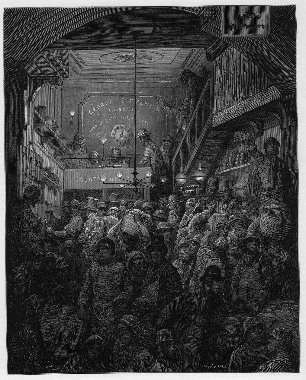 Billingsgate - Sprzedaż Ryb W Criee. Ilustracja do Londynu autorstwa Louisa Enault z ilustracjami Gustave