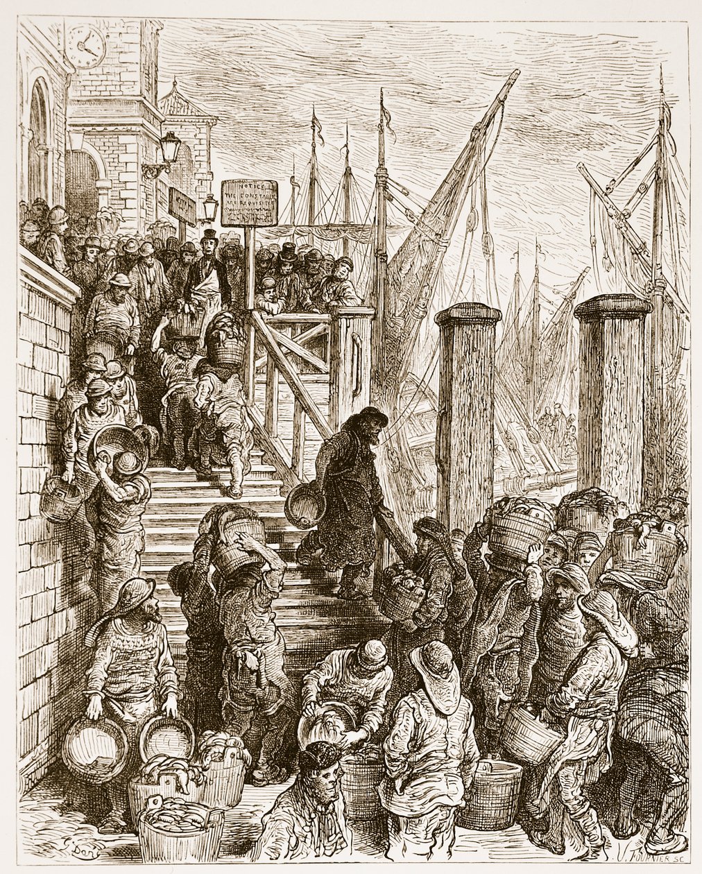 Billingsgate, Lądowanie ryby, z „Londyn, pielgrzymka”, napisane przez Williama Blancharda Jerrolda (1826-94) i grawerowane przez Hildibranda, wyd. 1872 autorstwa Gustave Dore