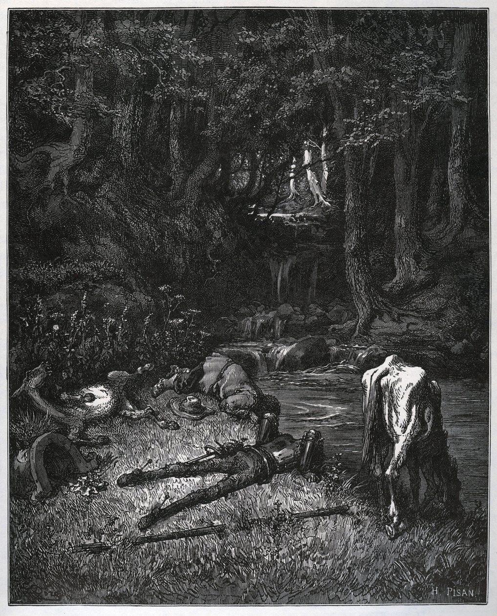 Biwak w lesie - Przekonani pięknem tego miejsca postanowili spędzić tam godziny drzemki - z „Don Kichota z Manchy” Miguela Cervantesa (1547-1616) (Don Kichota) - Drzeworyt wg rysunku autorstwa Gustave Dore autorstwa Gustave Dore