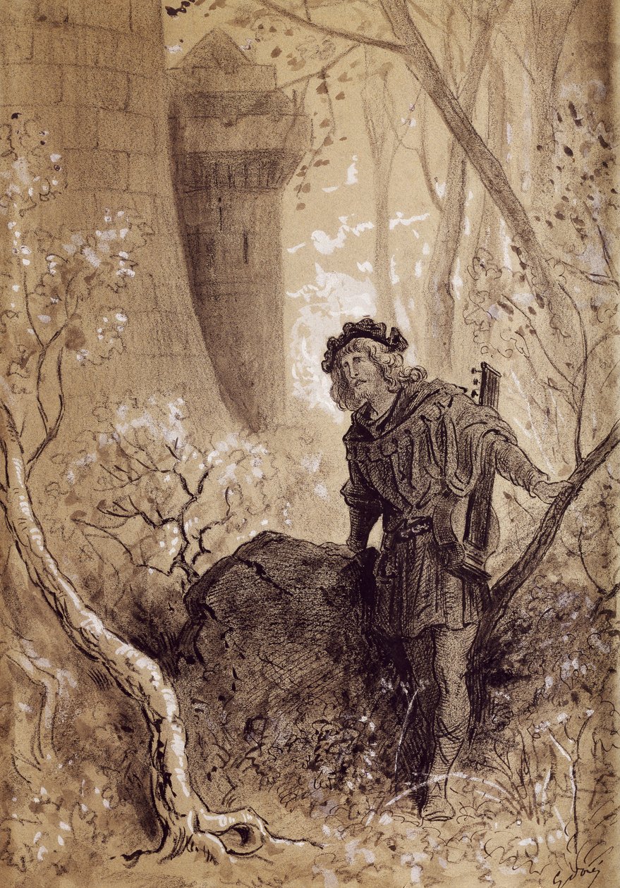 Blondel słyszący głos Ryszarda Lwie Serce, ilustracja do Gargantua i Pantagruel autorstwa Francois Rabelais (1483-1494 - 1553), rycina Gustave Dore (1832-1883) autorstwa Gustave Dore