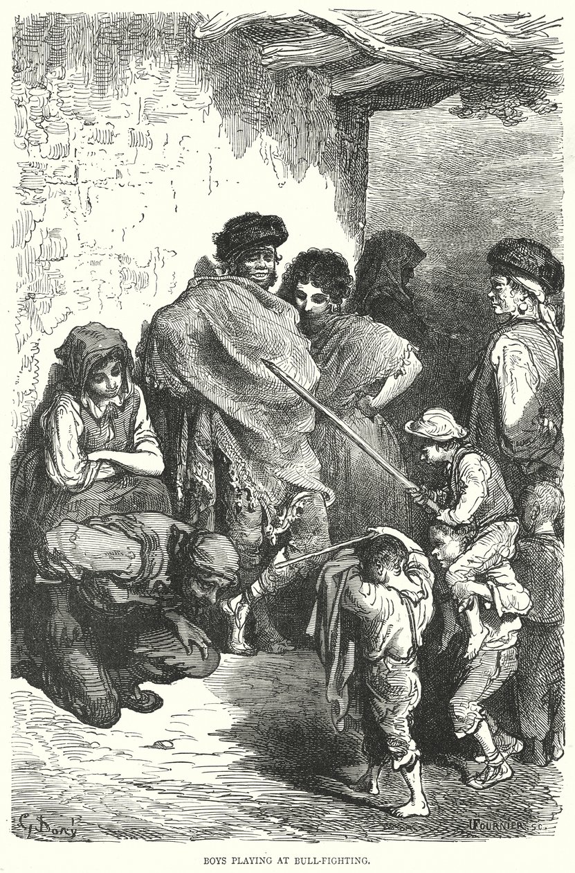 Chłopcy bawiący się w walkę byków (grawerunek) autorstwa Gustave Dore