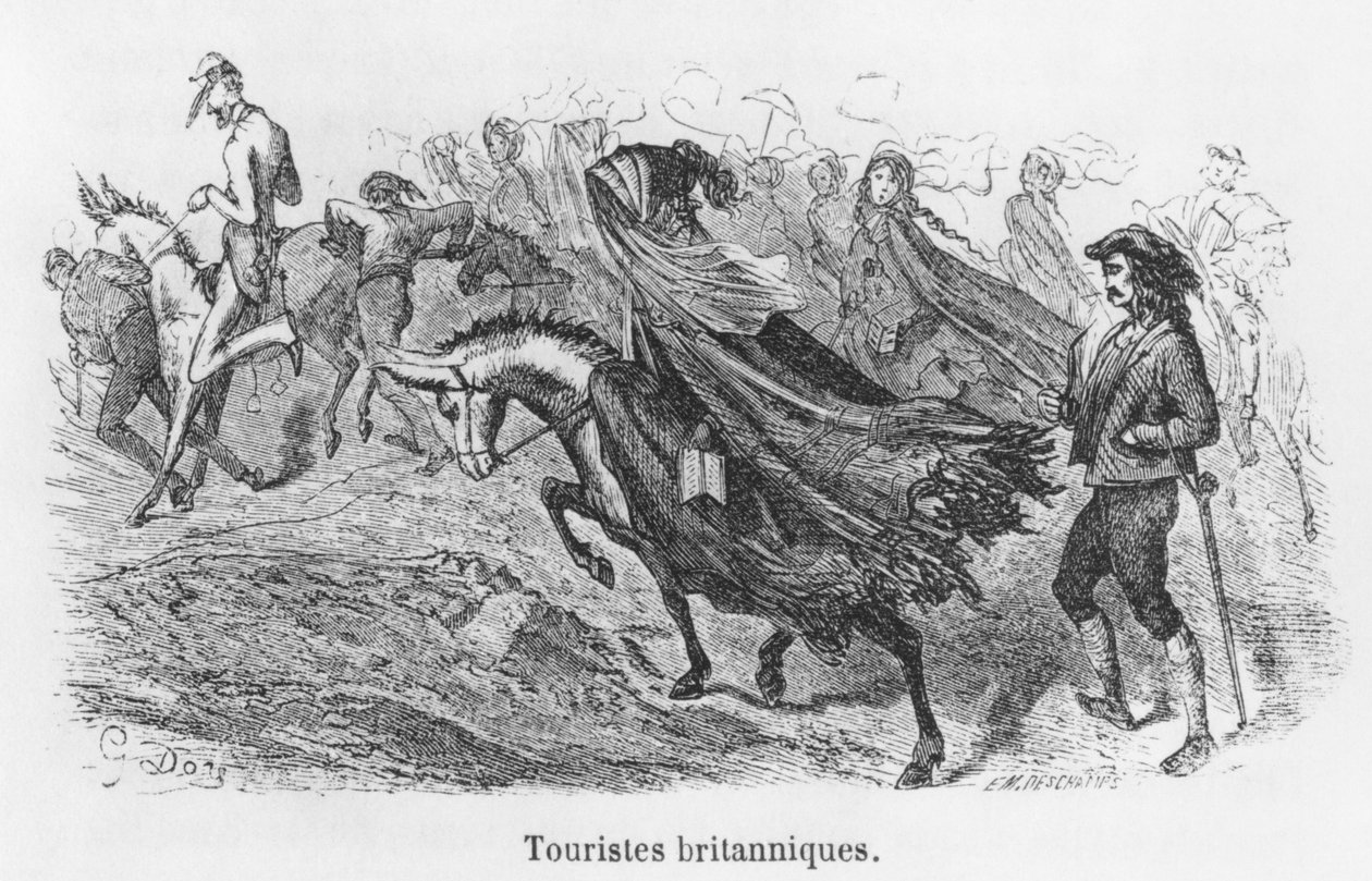 Brytyjscy turyści, ilustracja z „Voyage aux Pyrenees” Hippolyte Taine (1828-93) rytowana przez Emile Deschamps (XIX w.) autorstwa Gustave Dore