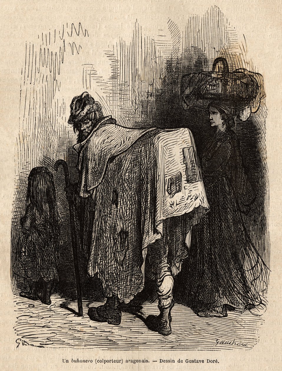 Buhonero, aragoński handlarz. Rysunek Gustave Dore (1832-1883). Rycina ilustrująca podróż po Hiszpanii, autorstwa Charlesa Davilliera, w 1862 r., opublikowana w „Le tour du monde”” 1872, pod redakcją Edouarda Chartona, wyd. Hachette, Paryż. Kolekcja Selva. autorstwa Gustave Dore