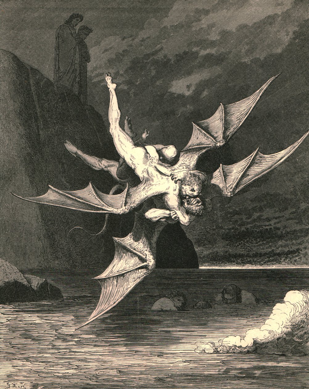 Ale drugi okazał się jastrzębiem... i we wrzącym jeziorze oba spadły, około 1890 roku. autorstwa Gustave Dore