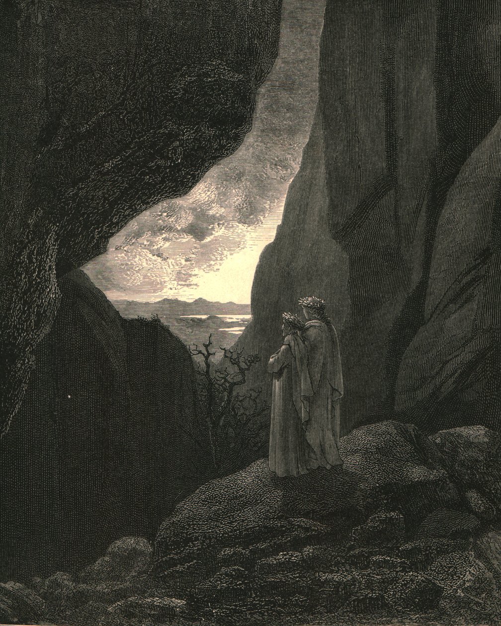 Tą ukrytą drogą weszliśmy z moim przewodnikiem, aby powrócić do pięknego świata, ok. 1890 r. autorstwa Gustave Dore
