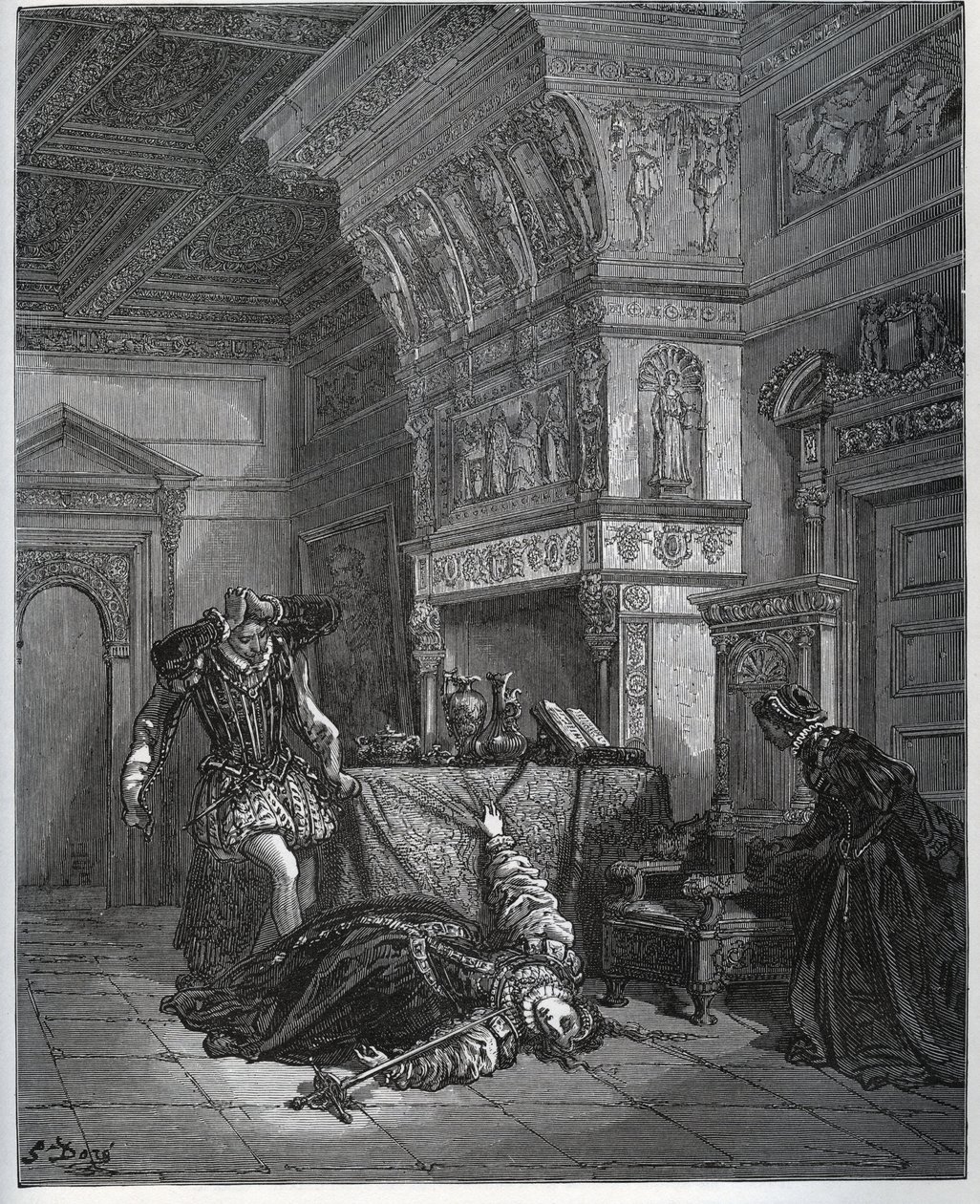 Camille zwodne samobójstwo przed Lothaire i Leonellą - z „Don Kichota z Manchy” Miguela Cervantesa (1547-1616) (Don Kichota) - Drzeworyt wg rysunku Gustave