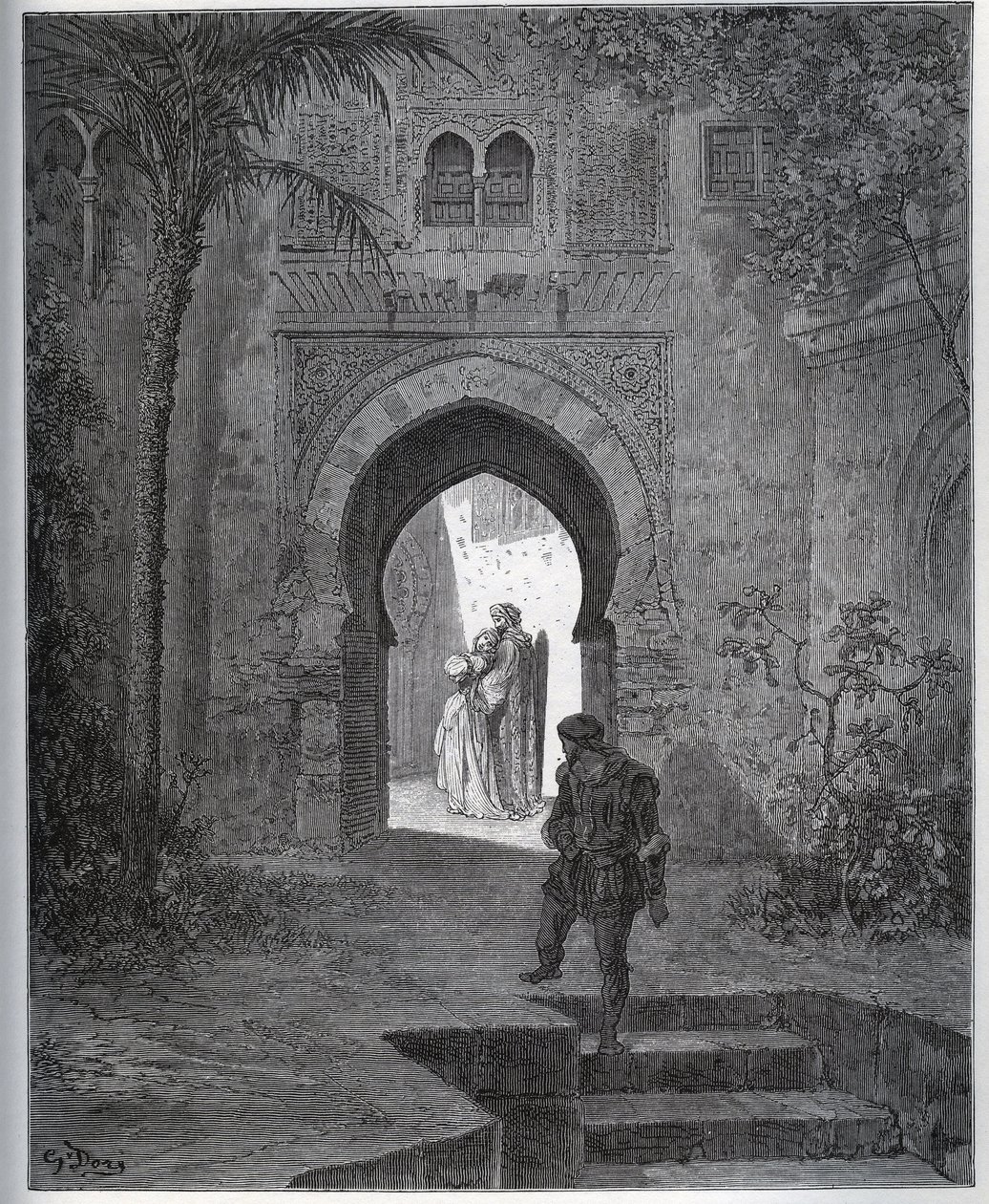Zniewolona historia. Pierwsze spotkanie niewoli z Zoraide w ogrodzie ojca, który sprowadza ją z powrotem po swoim złym samopoczuciu z „Don Kichota z Manchy” Miguela Cervantesa autorstwa Gustave Dore