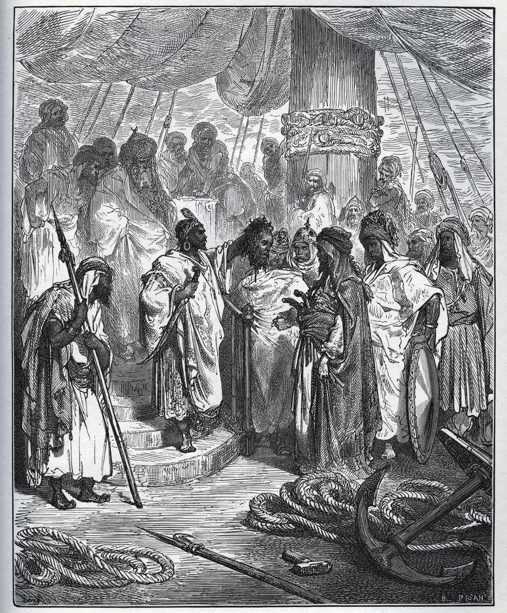 Zniewolona historia. Głowa Pagano Dorii odcięta przez Arabów - Arabowie odcięli mu głowę i zanieśli generałowi floty tureckiej - z „Don Kichota de la Mancha”” Miguela Cervantesa (1547-1616) (Don Kichota) - Drzeworyt po rysowaniu przez Gustave Dore autorstwa Gustave Dore