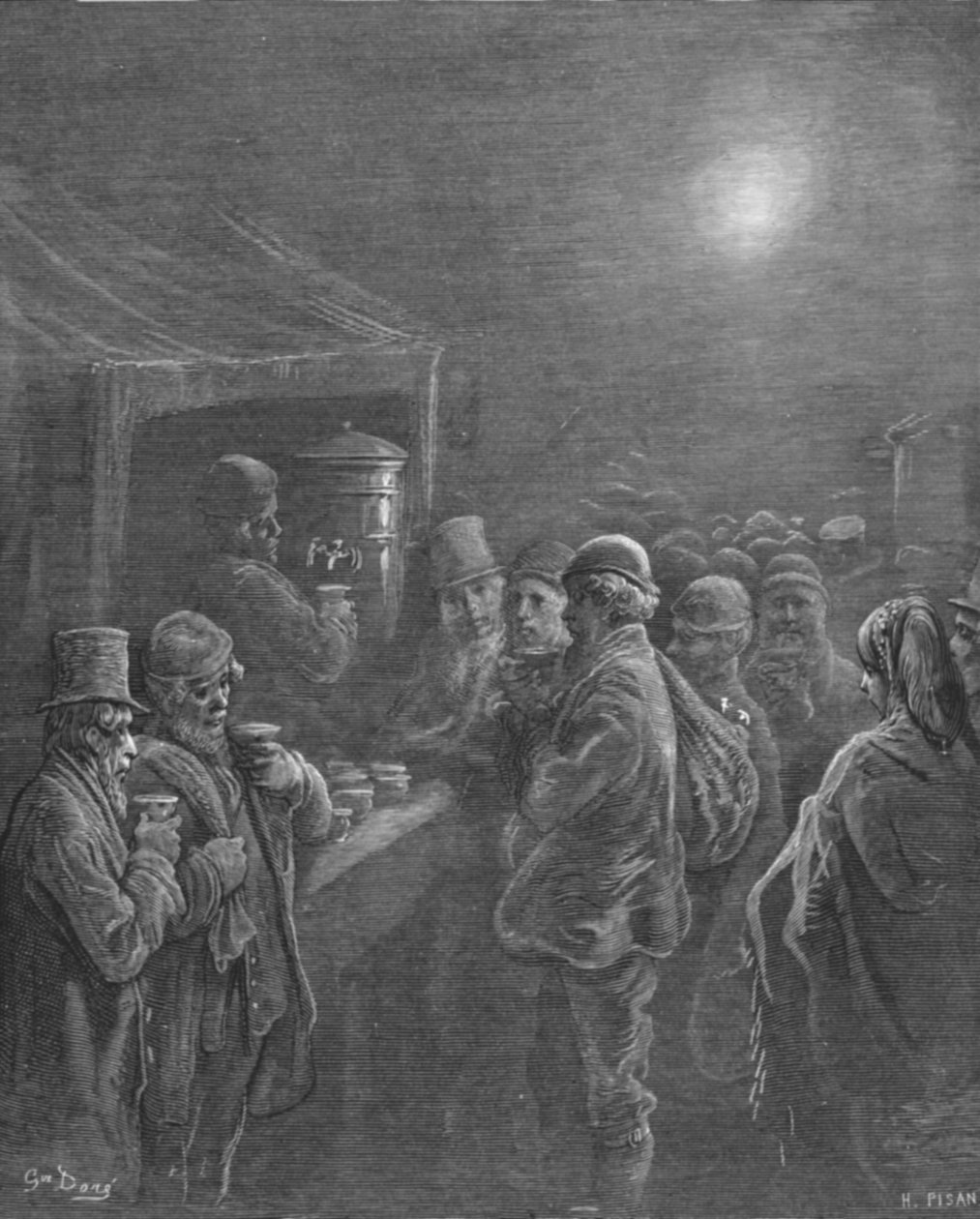 „Stoisko z kawą – wczesny poranek”, 1872 r. autorstwa Gustave Dore