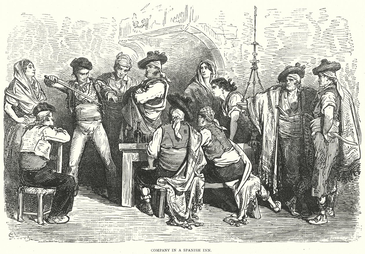 Firma w hiszpańskiej gospodzie (grawerunek) autorstwa Gustave Dore