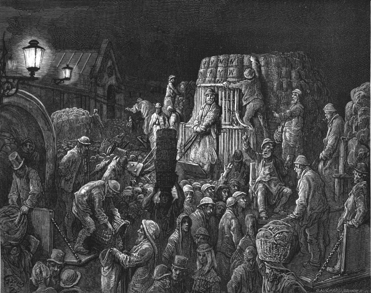 „Targ Covent Garden – Wczesny poranek”, 1872. autorstwa Gustave Dore