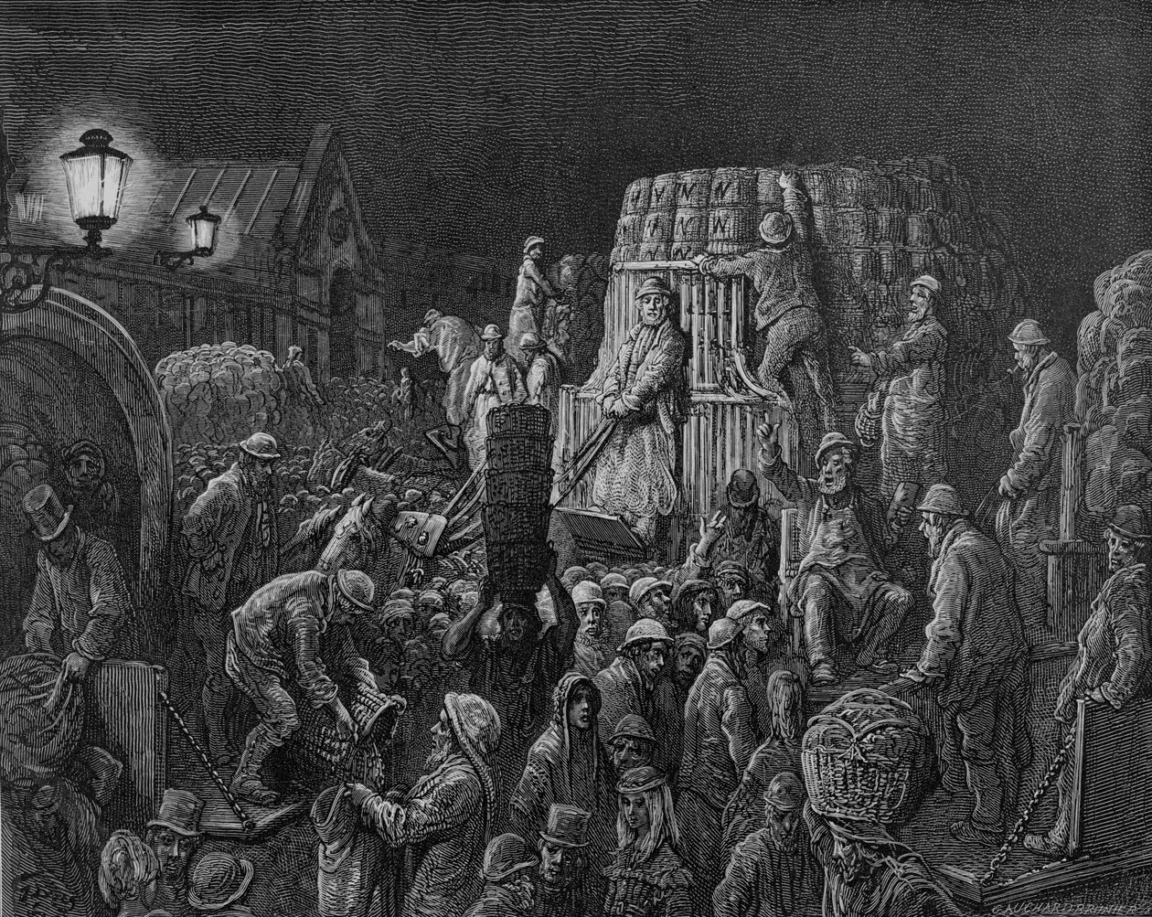 „Targ Covent Garden – Wczesny poranek”, 1872 r. autorstwa Gustave Dore
