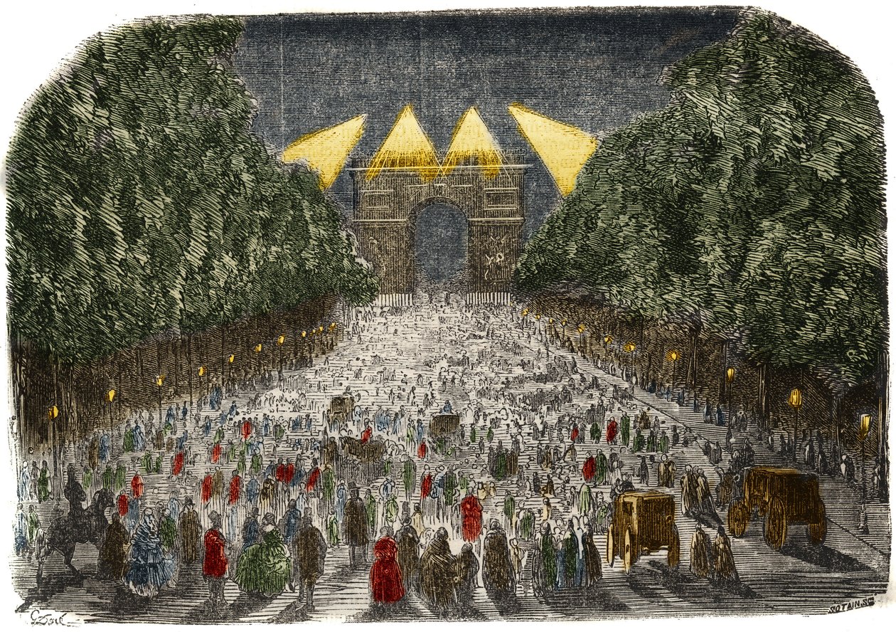 Tłum podziwiający elektryczne oświetlenie Łuku Triumfalnego i Pól Elizejskich (Pola Elizejskie) w Paryżu 26 i 27 października autorstwa Gustave Dore