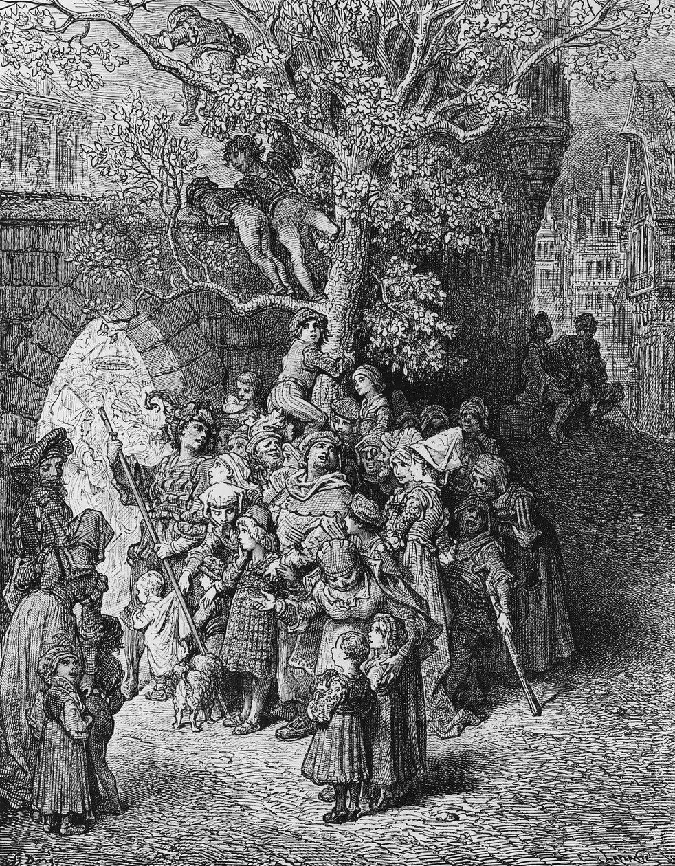 Tłum gapiów i widzów na weselu, scena z „Szronu starożytnego marynarza” S.T. Coleridge, wyd. Harper und Brothers, Nowy Jork, 1876 (drewno) autorstwa Gustave Dore