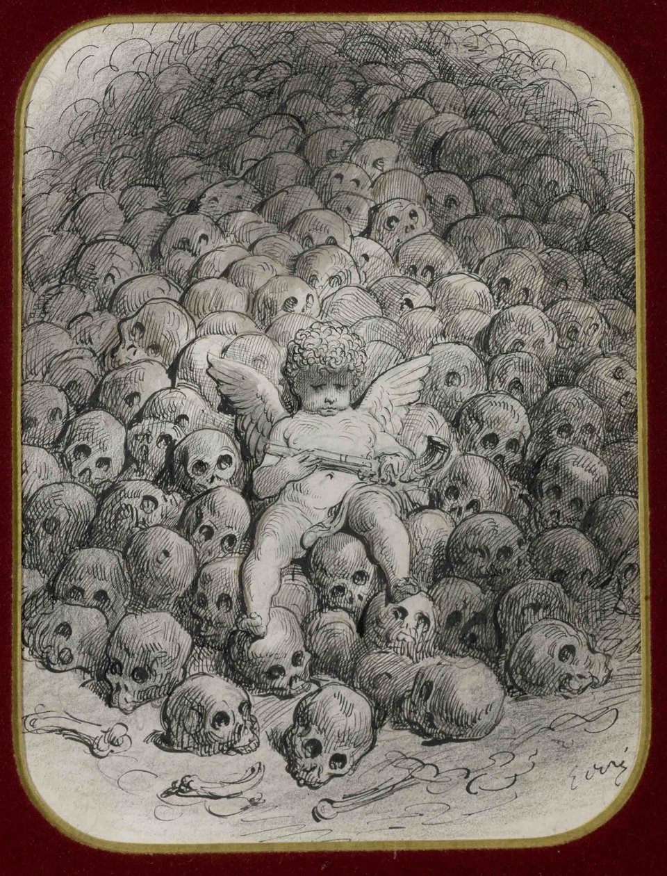 „Amorek uzbrojony w pistolet osadzony na górze czaszek” (Amorek z pistoletem na szczycie góry czaszki) Atrament i rysunek Gustave Dore (1832-1883) Zbiory prywatne autorstwa Gustave Dore