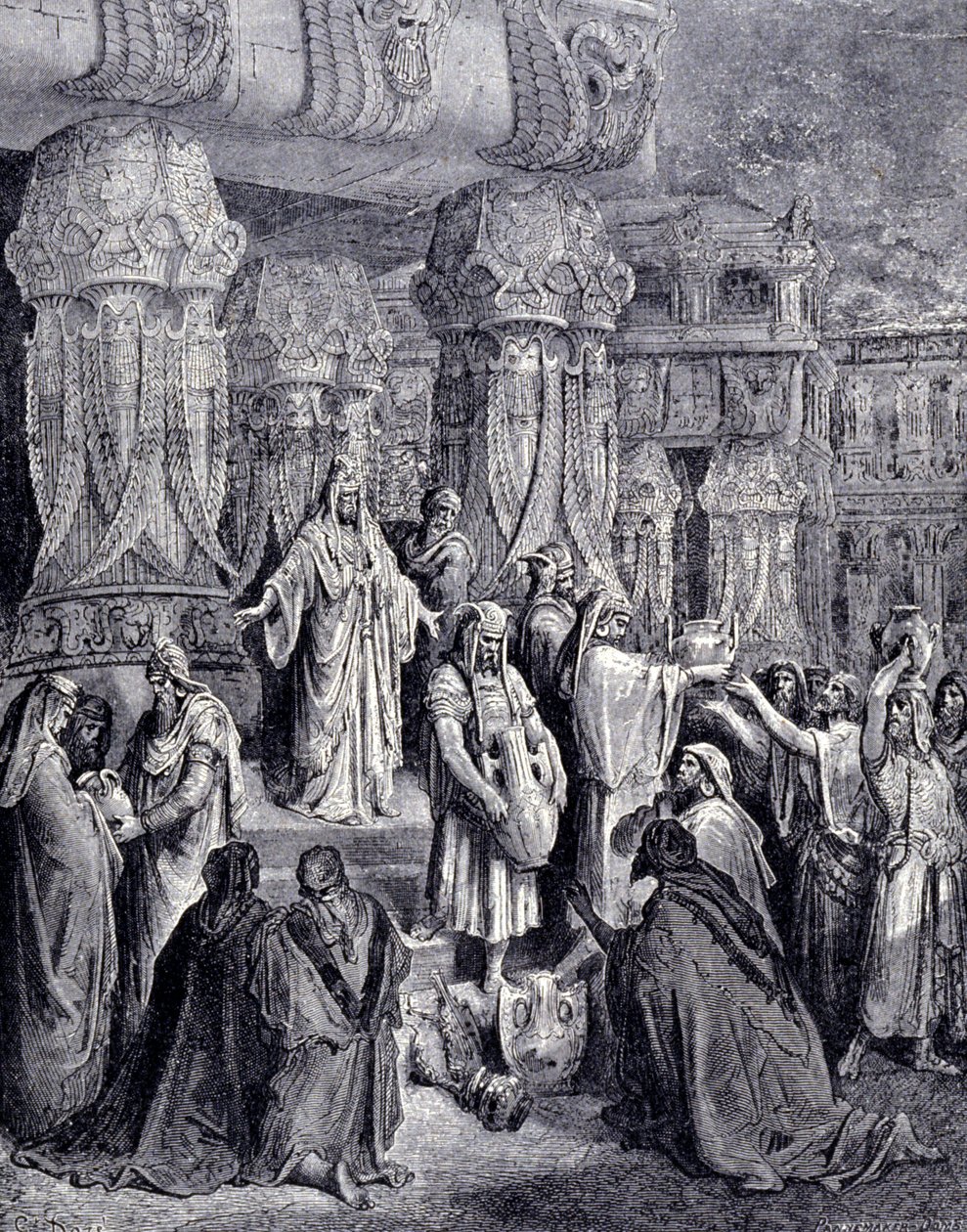 Cyrus II Wielki (580 pne - 530 pne) po przybyciu do Babilonu w 539 pne uwolnił wzięte do niewoli narody i zwrócił narodowi żydowskiemu święte naczynia, które zostały zabrane ze świątyni jerozolimskiej. Grawerowanie przez Gustave Doré. autorstwa Gustave Dore