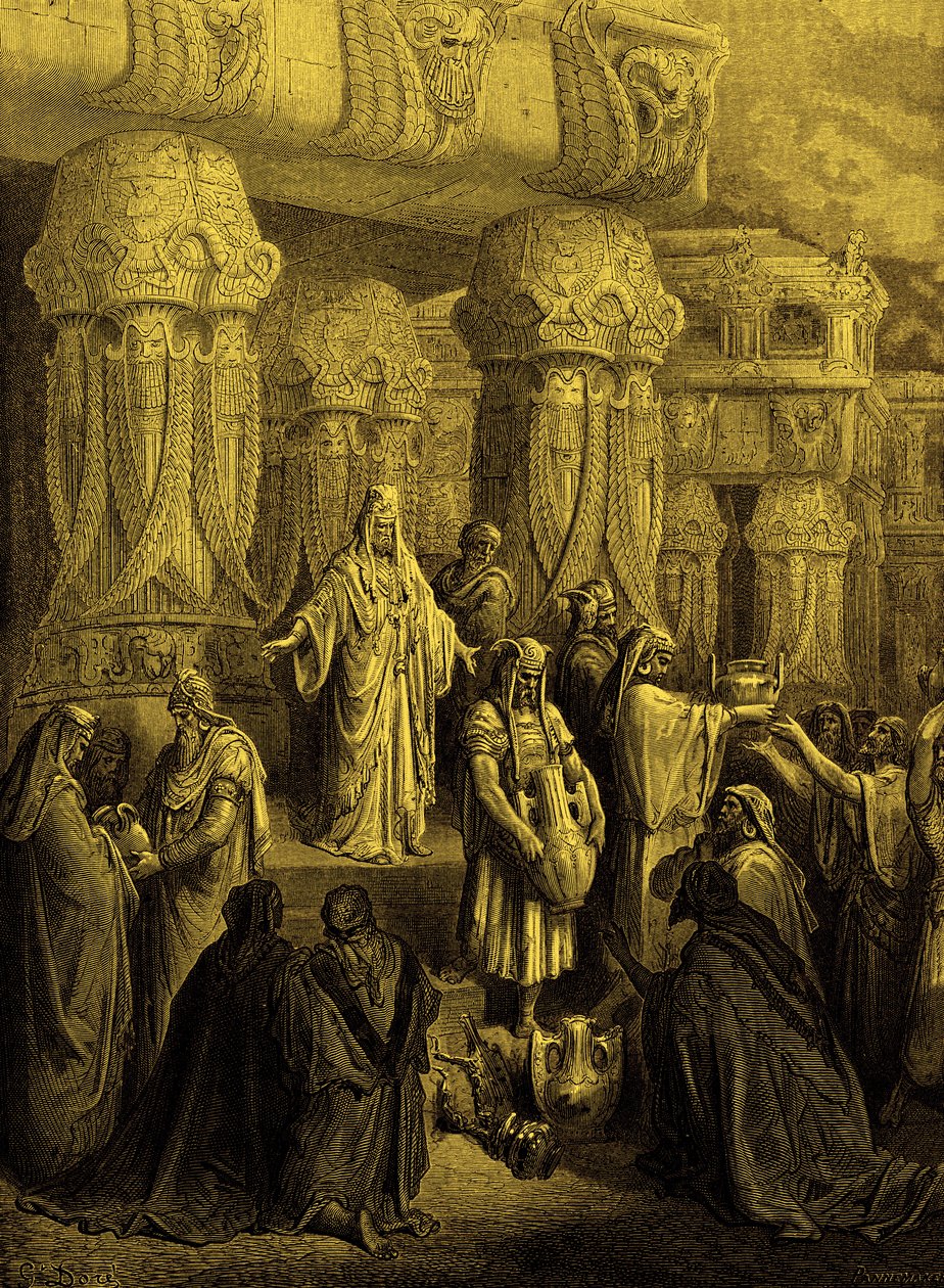 Cyrus przywraca naczynia do świątyni. - Biblia autorstwa Gustave Dore
