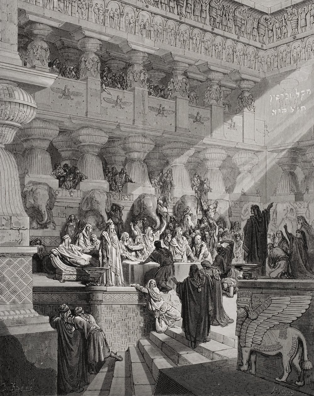 Daniel Interpreting the Writing on the Wall, Daniel 5:25-28, ilustracja z „The Holy Bible” Dore