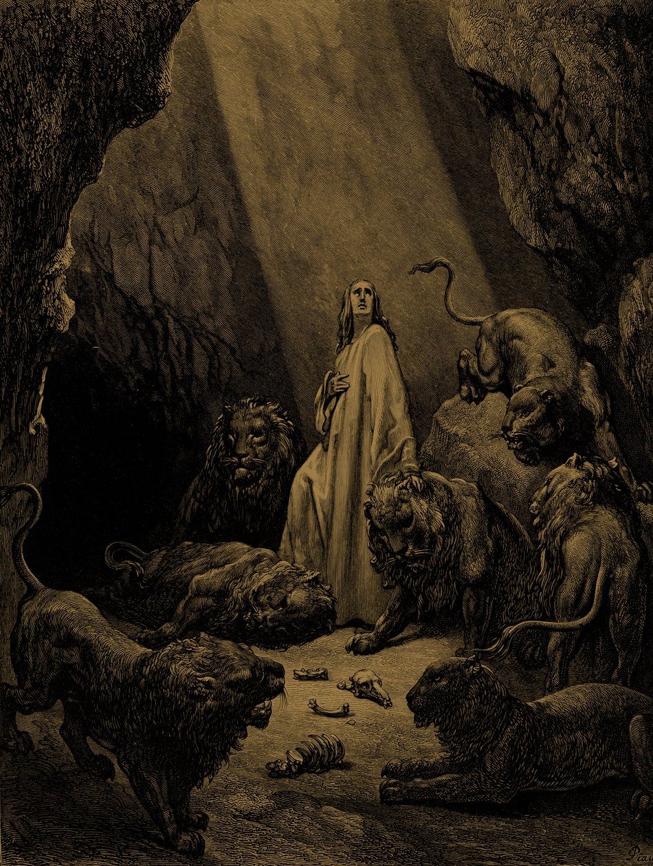 Daniel w jaskini lwów autorstwa Doré. - Biblia autorstwa Gustave Dore