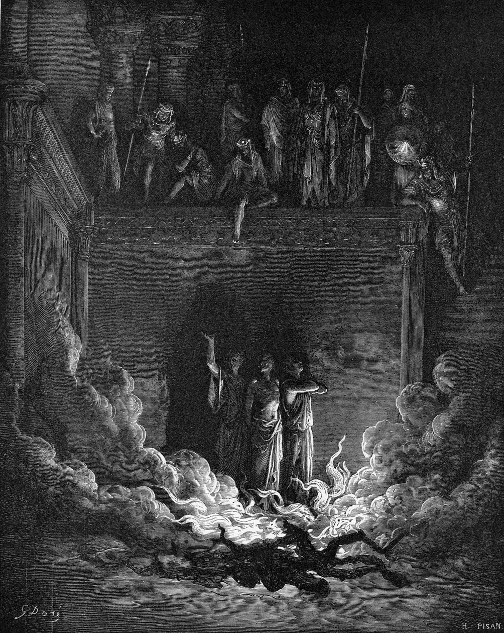 Towarzysze Daniela w ognistym piecu autorstwa Gustave Dore