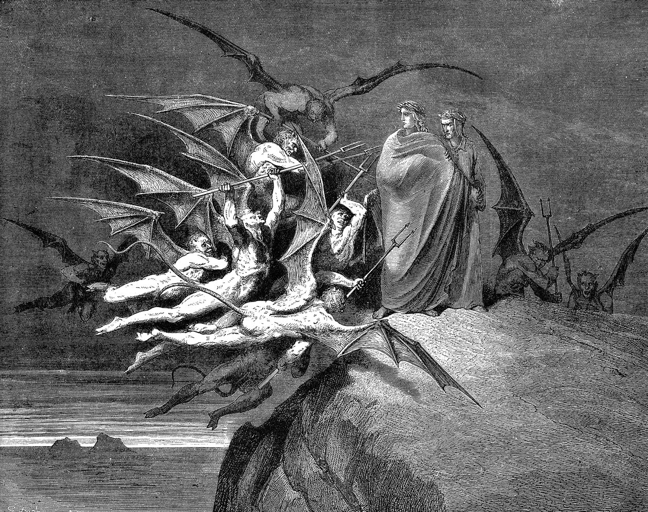 Dante i Virgil osaczeni przez demony podczas ich przechodzenia przez ósmy krąg, 1861 autorstwa Gustave Dore