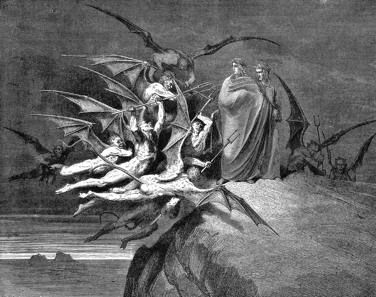 Dante i Wergiliusz osaczeni przez demony podczas przejścia przez ósmy krąg. Ilustracja (1861) autorstwa Gustave