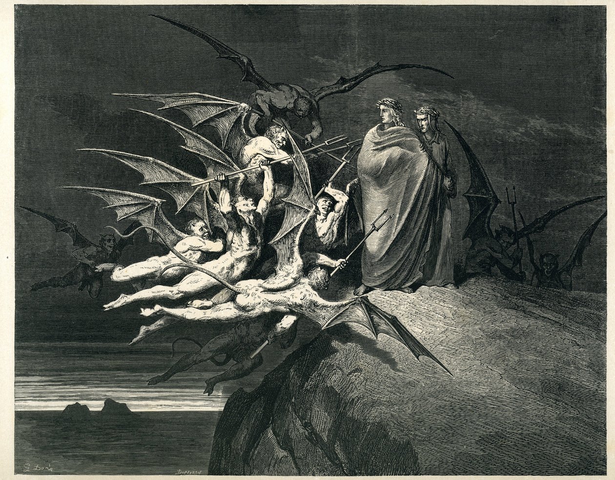 Dante i Wergiliusz stawiają czoła demonom. Rycina z Piekła Dantego Alighieri (Boska komedia) zilustrowana przez Gustave