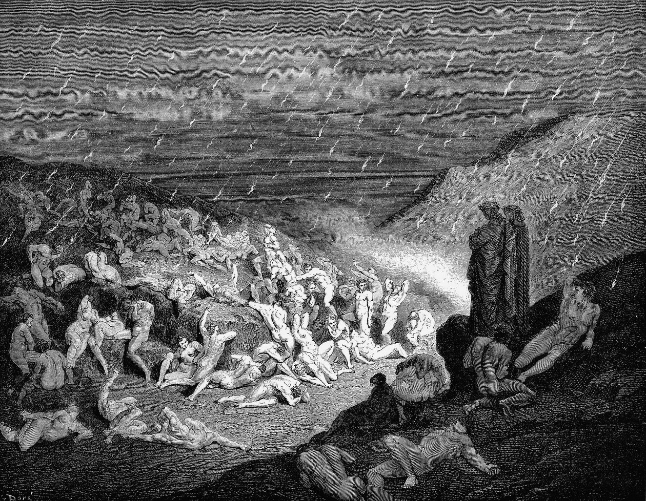 Dante i Virgil spoglądają z góry na dusze udręczone w piekle, 1863 autorstwa Gustave Dore