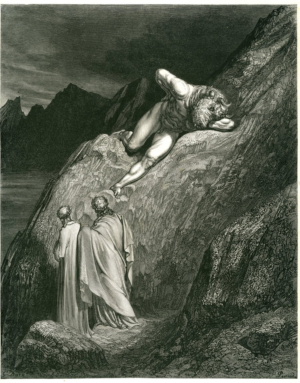 Dante i Wergiliusz spotykają Minotaura. Rycina z Piekła Dantego Alighieri (Boska komedia) ilustrowana przez Gustave