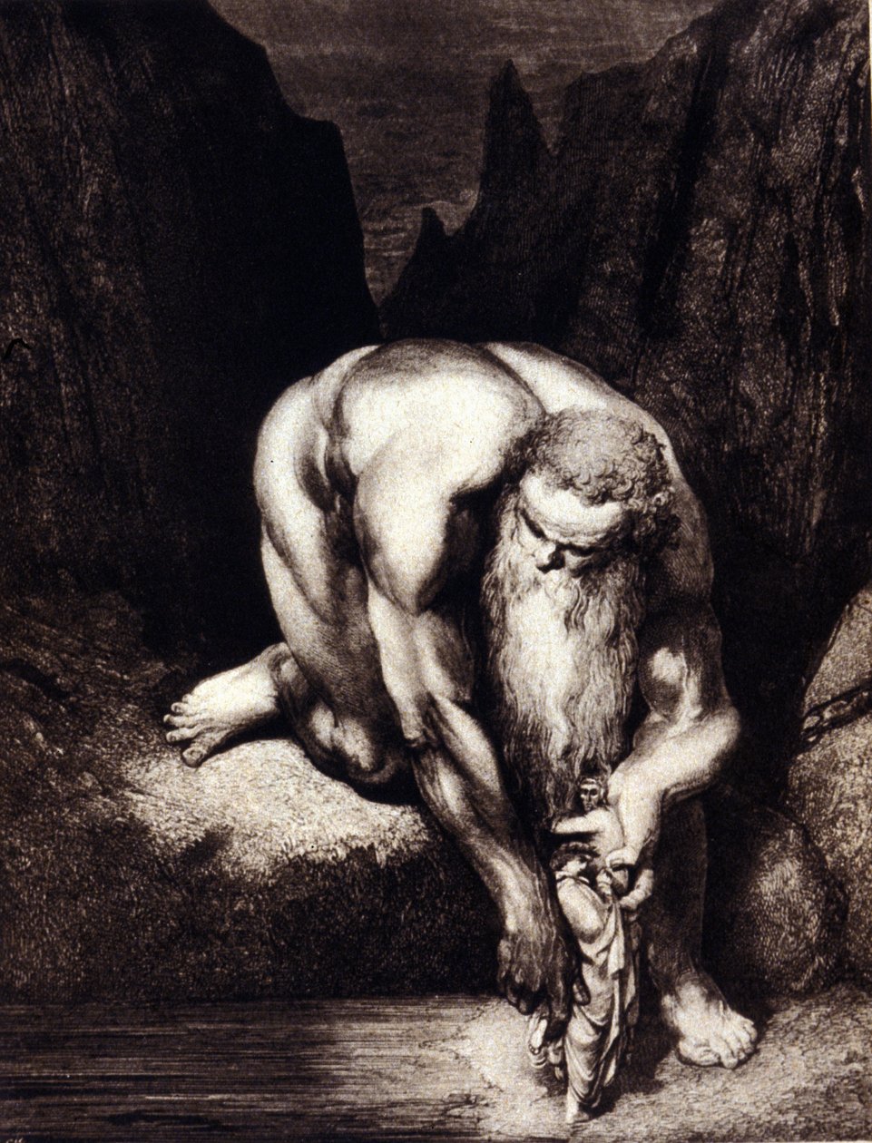 Dante i Virgil spotykają giganta Antaeusa. Ill. dla Boskiej Komedii Dantego Alighieri Gustave