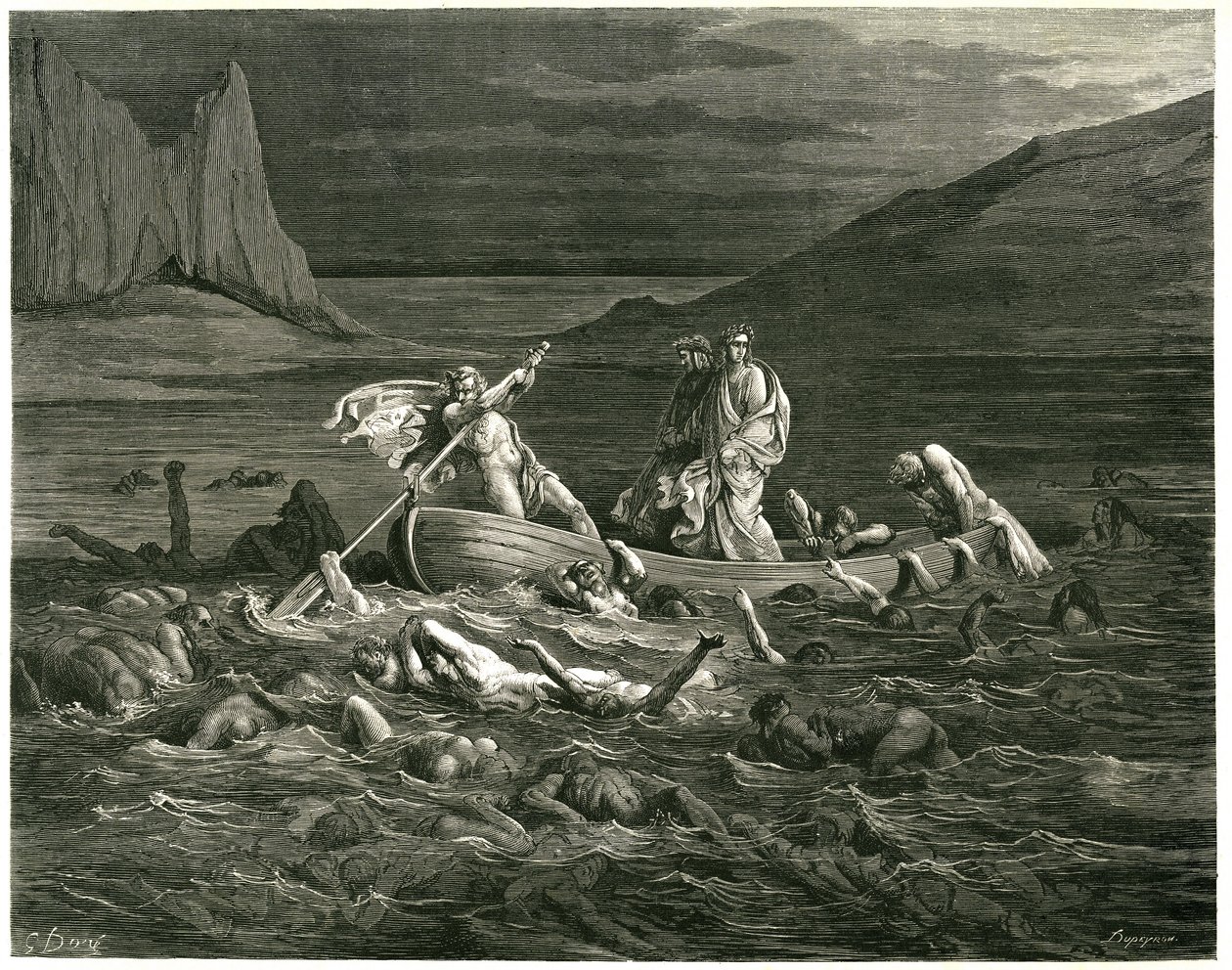 Dante i Wergiliusz płyną, prowadzeni przez Nochera Phlegyasa, po Styksie, w którym brodzą potępieńcy, którzy próbują wspiąć się do łodzi. Rycina z Piekła Dantego Alighieri (Boska komedia) zilustrowana przez Gustave