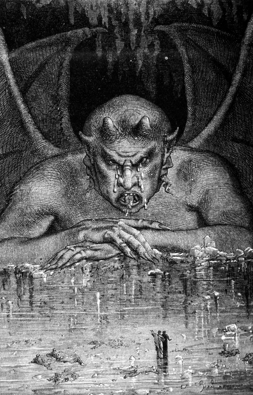 Dante et Virgil traverse les enfell w Boskiej komedii Dantego Alighieri (1265-1321): Szatan pożera tańce. Grawerowanie przez Gustave Doré. 19 wiek. autorstwa Gustave Dore