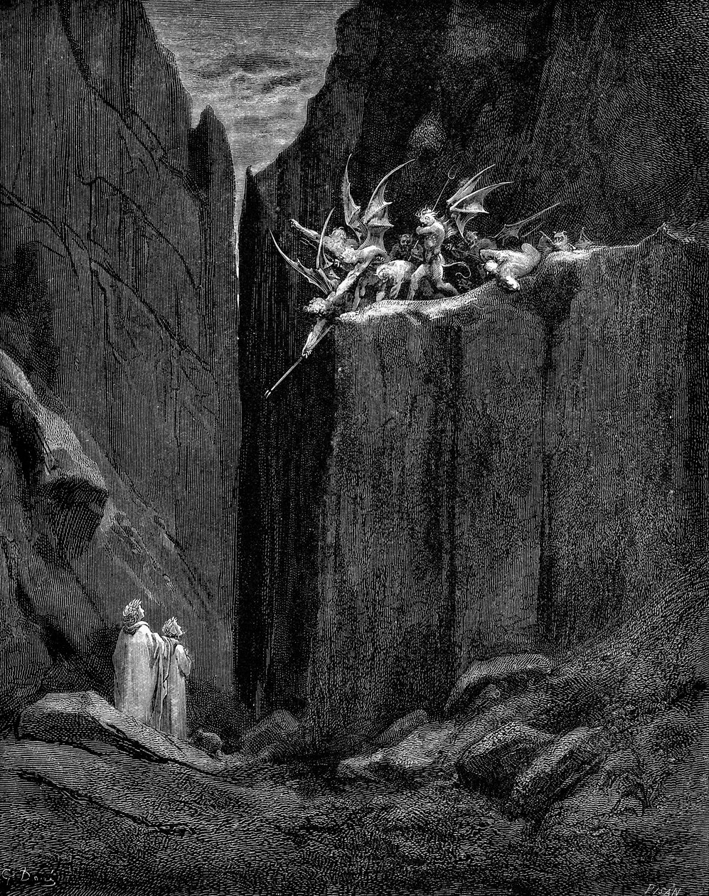 Dante chroniony przez Wergiliusza przed krzywdą przez demony, 1863 autorstwa Gustave Dore