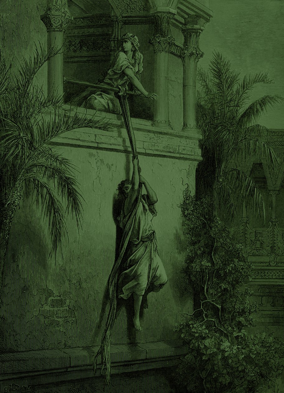 Ucieczka Davida przez okno — Doré. - Biblia autorstwa Gustave Dore