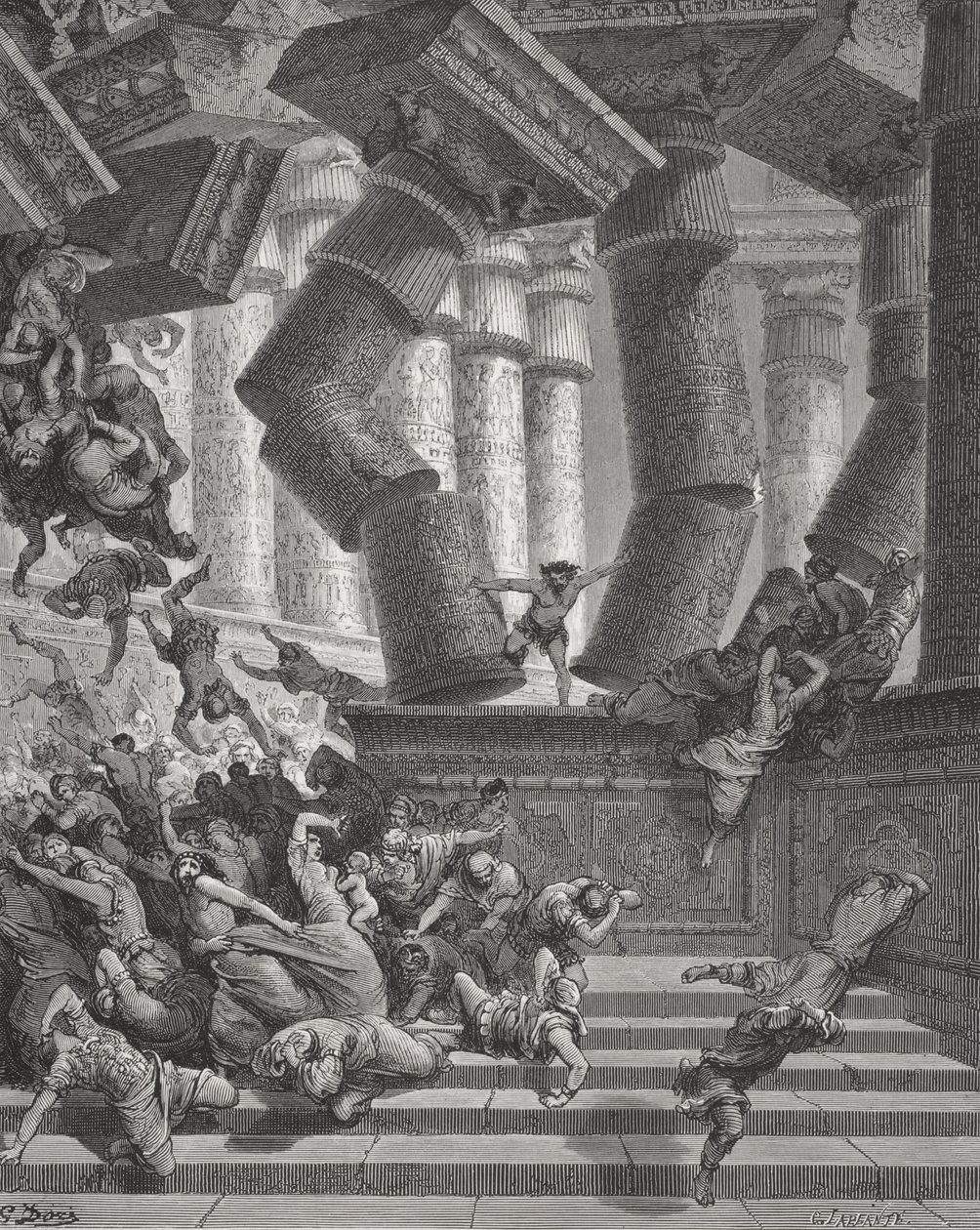 Śmierć Samsona, Sędziów 26:28-30, ilustracja z 